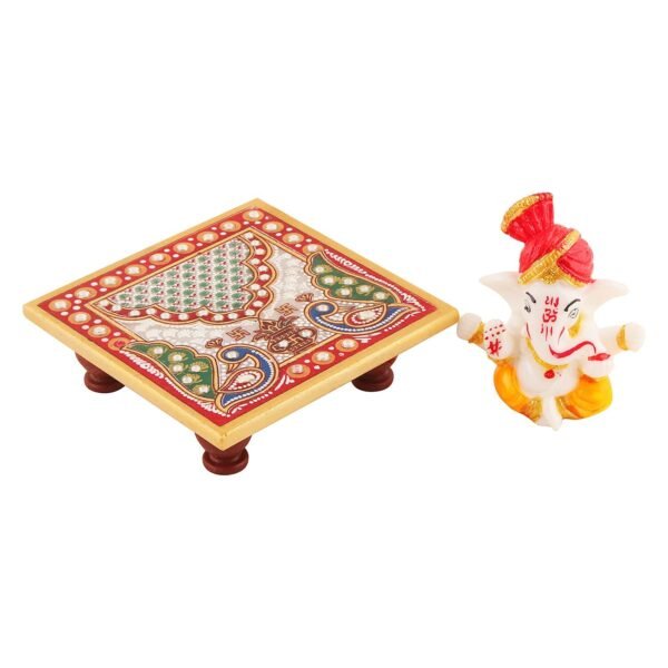 White Marble Choki Ganesha - Handmade with Natural Colors Ganesha with CHOWKI - 4" Marble Ganesha with CHOWKI - Image 4