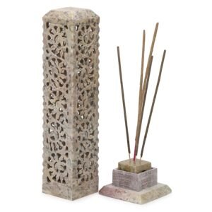 Handcrafted Soapstone Marble Flower Work Incense Holder Tea Light Candle Holder Diffuser Agarbatti Stands with Free Incense Sticks for - Gifting, Meditation, Aromatherapy & Home Decor 10 inch