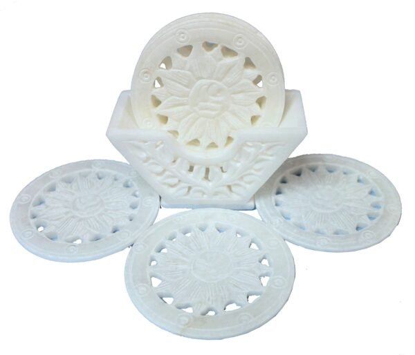 White Marble Floral Carving Work Tea Coaster Set for Table & Home Decorative Handicrafts Gift Item - Image 2