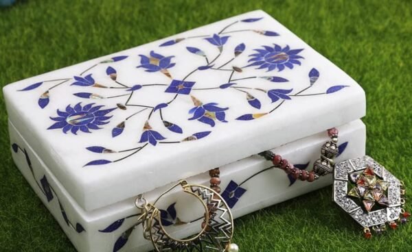 Handicrafts Marble inlay Work Jewellery Box for Multi Purpose Use and Perfect Gift for Women and Girls-4x3x1.5 inch