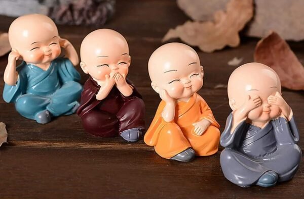 Little Baby Monk Buddha Laughing Statue Set of 4 Multicolor for Home Decor showpiece Car Dashboard Size Small - Image 6