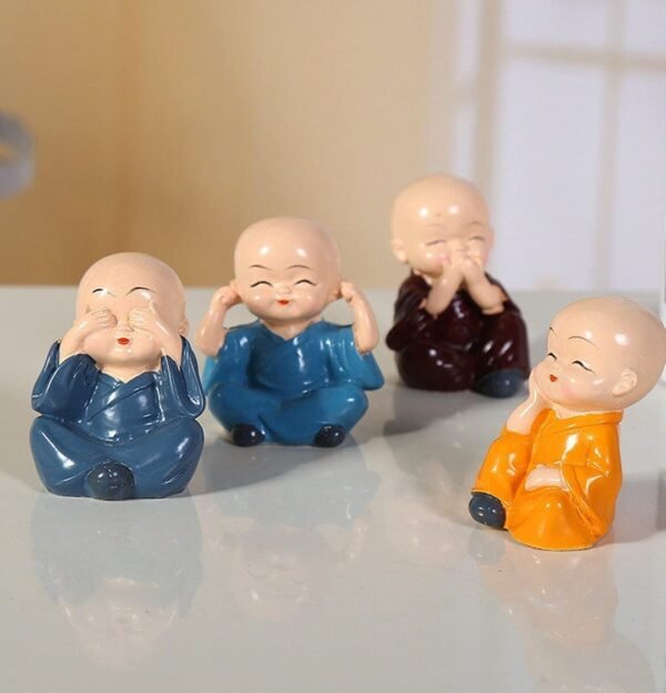 Little Baby Monk Buddha Laughing Statue Set of 4 Multicolor for Home Decor showpiece Car Dashboard Size Small - Image 5