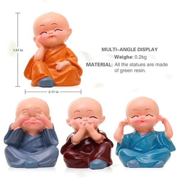 Little Baby Monk Buddha Laughing Statue Set of 4 Multicolor for Home Decor showpiece Car Dashboard Size Small - Image 7