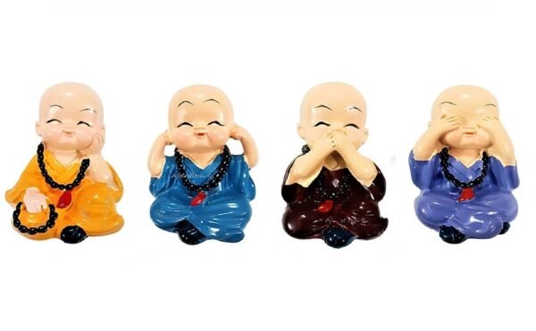 Little Baby Monk Buddha Laughing Statue Set of 4 Multicolor for Home Decor showpiece Car Dashboard Size Small - Image 2