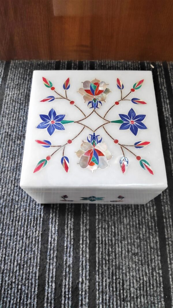 White Marble Floral inlay Work Jewellery Box for Multi Purpose Use and Perfect Gift Item for Women and Girls - Image 4