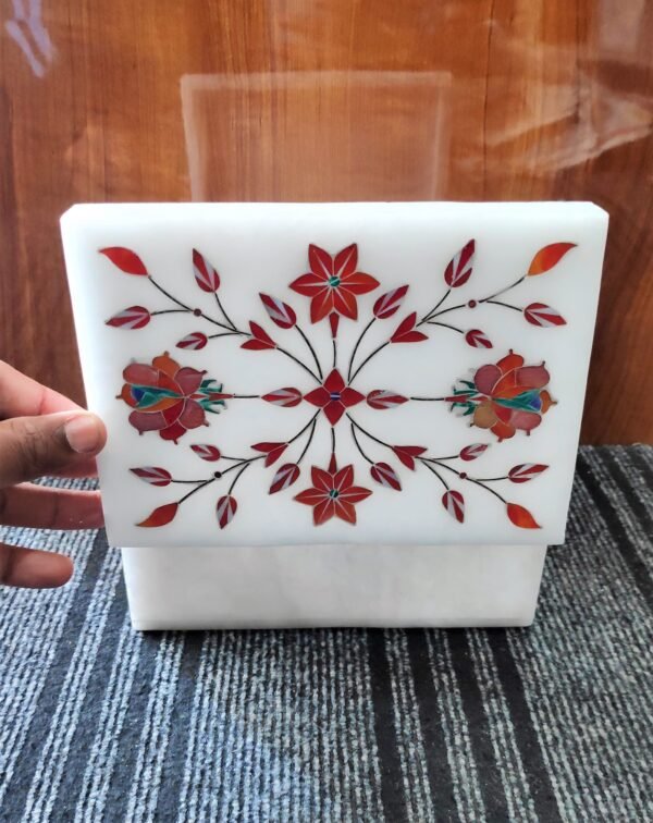 White Marble Floral inlay Work Jewellery Box for Multi Purpose Use and Perfect Gift Item for Women and Girls - Image 6