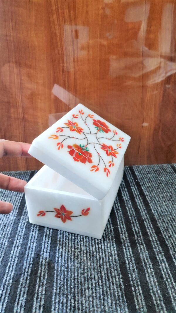 White Marble Floral inlay Work Jewellery Box for Multi Purpose Use and Perfect Gift Item for Women and Girls - Image 5