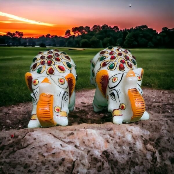 Handicrafts Marble Decorative Pearls  Elephant Statue for Home Decor Showpiece Elephants Pair with Beautiful Blue Golden Work- 2 inch - Image 7