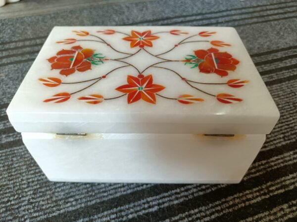 White Marble Floral inlay Work Jewellery Box for Multi Purpose Use and Perfect Gift Item for Women and Girls - Image 9