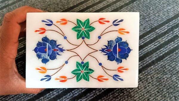 White Marble Floral inlay Work Jewellery Box for Multi Purpose Use and Perfect Gift Item for Women and Girls - Image 4