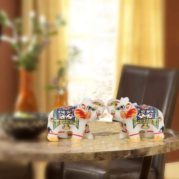 Handicrafts Marble Decorative Elephant Statue for Home Decor Showpiece Elephants Pair with Beautiful Blue Golden Work- 2 inch