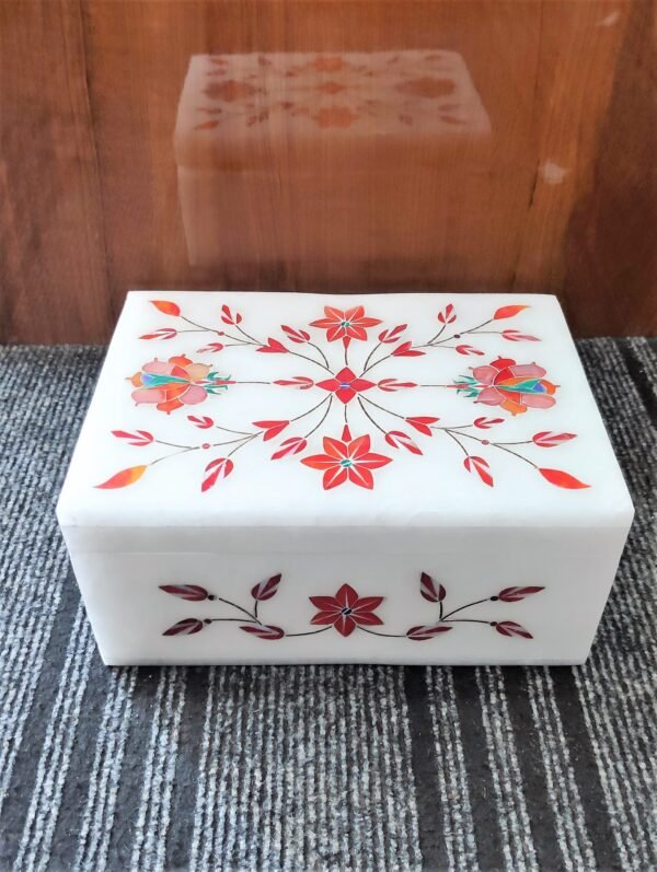 White Marble Floral inlay Work Jewellery Box for Multi Purpose Use and Perfect Gift Item for Women and Girls - Image 7