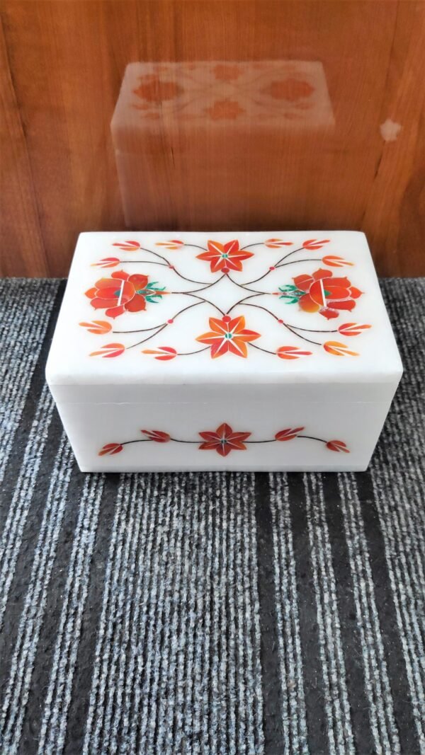 White Marble Floral inlay Work Jewellery Box for Multi Purpose Use and Perfect Gift Item for Women and Girls