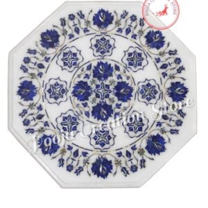White Marble Inlay Coffee Table Top Lapis Stone Inlaid Tables with Beautiful Pietra Dura Art(without stand)Special New Blue edition 15 inch
