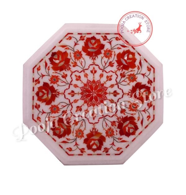 White Marble handicrafts Inlay Coffee Table Top Lapis Stone inlaid Tables with Beautiful Red Pietra Dura Art (without stand) New Edition 12 inch - Image 6