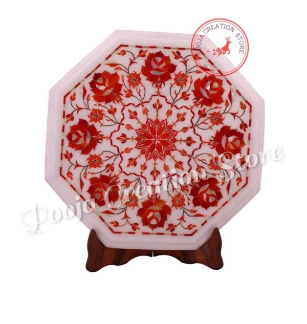White Marble handicrafts Inlay Coffee Table Top Lapis Stone inlaid Tables with Beautiful Red Pietra Dura Art (without stand) New Edition 12 inch