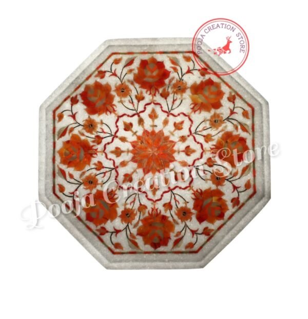 White Marble handicrafts Inlay Coffee Table Top Lapis Stone inlaid Tables with Beautiful Red Pietra Dura Art (without stand) New Edition 12 inch - Image 5