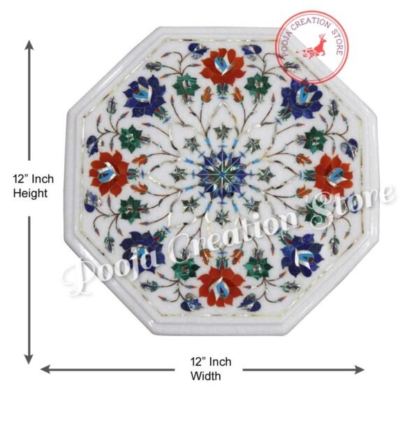 White Marble Inlay Coffee Table Top Lapis Stone Inlaid Tables with Beautiful Pietra Dura Art(without stand)Special Green edition 12 inch - Image 6