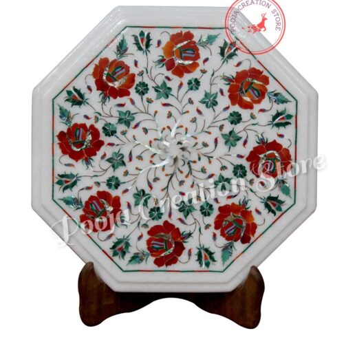 White Marble Inlay Coffee Table Top Lapis Stone Inlaid Tables with Beautiful Pietra Dura Art (without stand) Red  Edition 12 inch