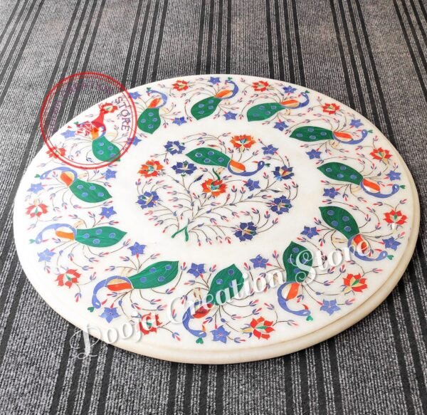White Marble Inlay Coffee Table Top Lapis Stone Inlaid Tables with Beautiful Pietra Dura Art(without stand)Special peacock edition 36 inch - Image 8