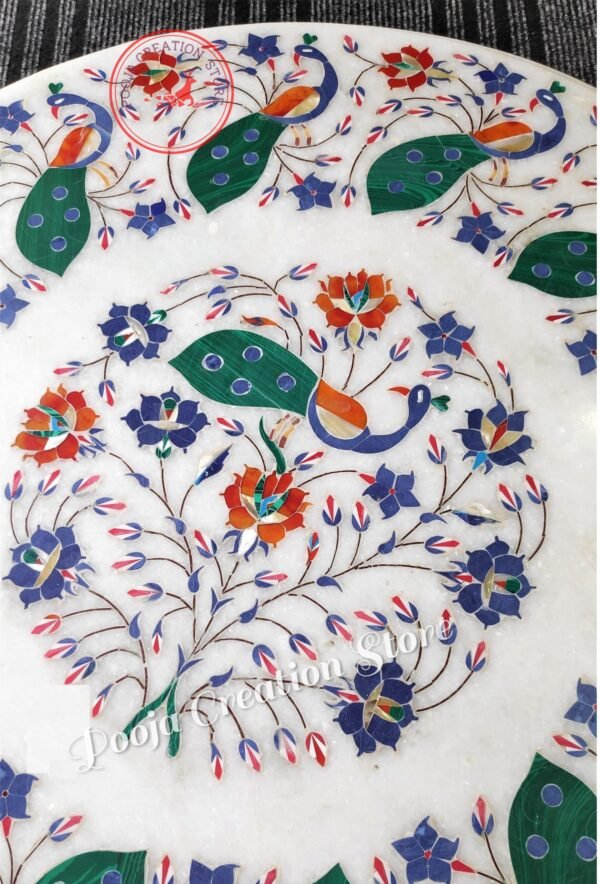 White Marble Inlay Coffee Table Top Lapis Stone Inlaid Tables with Beautiful Pietra Dura Art(without stand)Special peacock edition 36 inch - Image 7