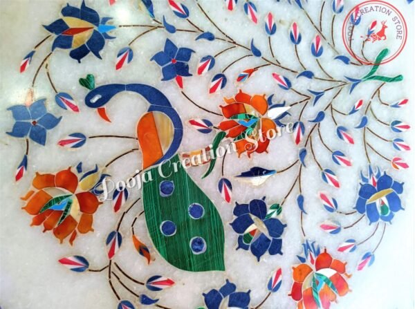 White Marble Inlay Coffee Table Top Lapis Stone Inlaid Tables with Beautiful Pietra Dura Art(without stand)Special peacock edition 36 inch - Image 5