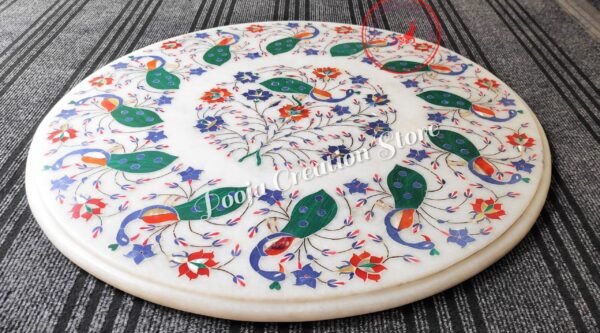 White Marble Inlay Coffee Table Top Lapis Stone Inlaid Tables with Beautiful Pietra Dura Art(without stand)Special peacock edition 36 inch - Image 4