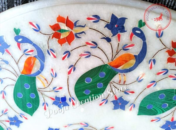White Marble Inlay Coffee Table Top Lapis Stone Inlaid Tables with Beautiful Pietra Dura Art(without stand)Special peacock edition 36 inch - Image 3
