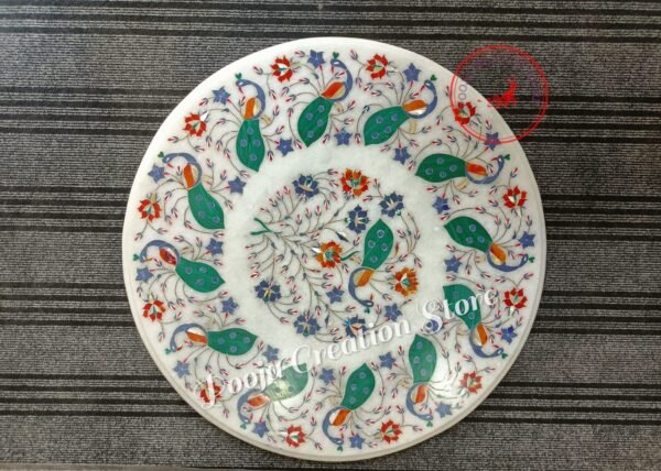 White Marble Inlay Coffee Table Top Lapis Stone Inlaid Tables with Beautiful Pietra Dura Art(without stand)Special peacock edition 36 inch
