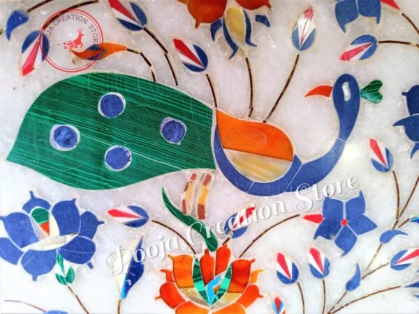 White Marble Inlay Coffee Table Top Lapis Stone Inlaid Tables with Beautiful Pietra Dura Art(without stand)Special peacock edition 36 inch - Image 2