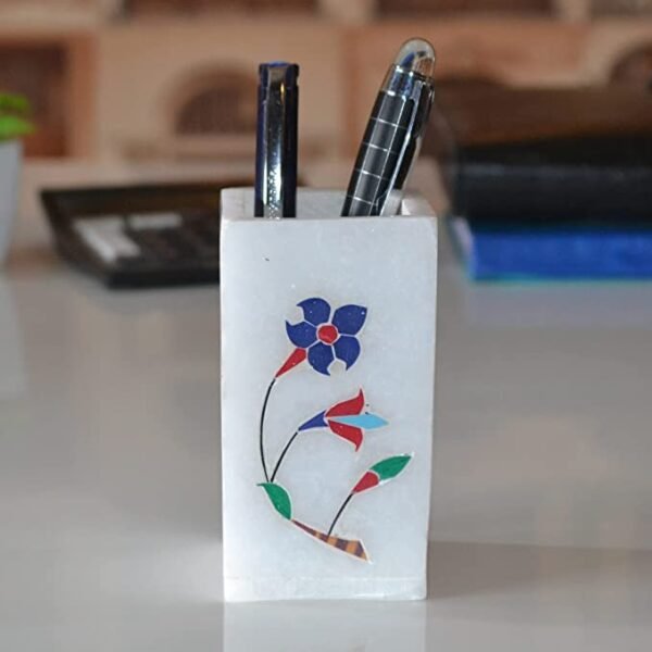 Indian Handmade White Marble Pen Stand inlay work Design For Office Table Decor & Gift Item- 4 in - Image 3