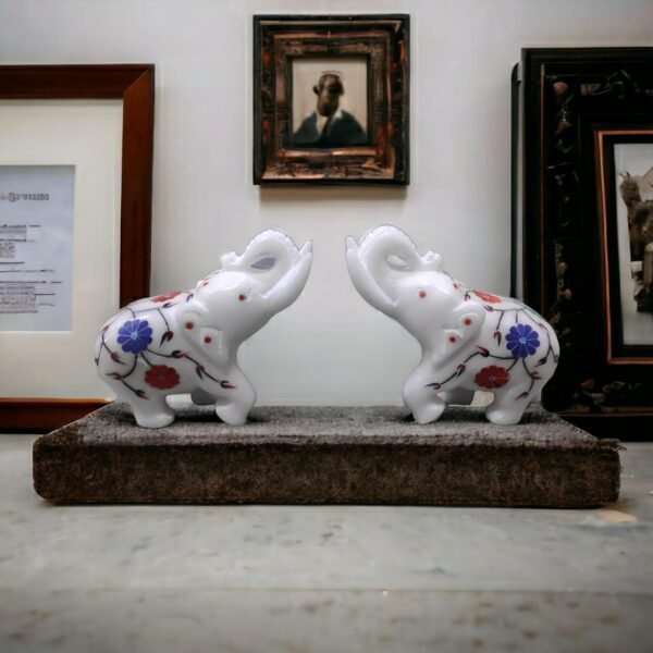Marble Statue Elegant Elephant pair Gemstone Red Inlay Work Collectible Showpiece Gift Item 4 inch - Image 2