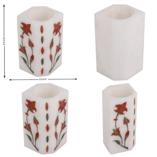 Indian Handmade White Marble Pen Stand inlay work Design For Office Table Decor & Gift Item- 4 in - Image 6