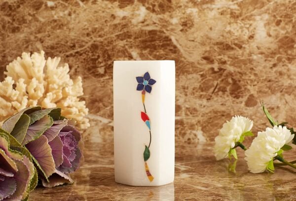 Indian Handmade White Marble Pen Stand inlay work Design For Office Table Decor & Gift Item- 4 in - Image 4