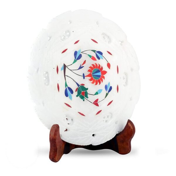 White Stoneware Flower Meenakari Inlay Work Plate Home Sculptress Decorative and Gift Item - 7 inch - Image 3