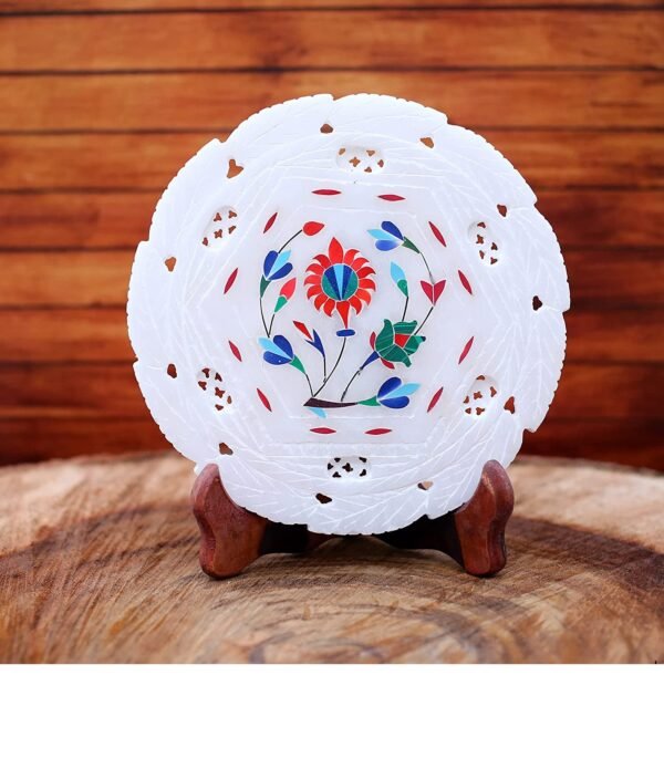 White Stoneware Flower Meenakari Inlay Work Plate Home Sculptress Decorative and Gift Item - 7 inch