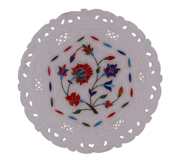 White Stoneware Flower Meenakari Inlay Work Plate Home Sculptress Decorative and Gift Item - 7 inch - Image 2