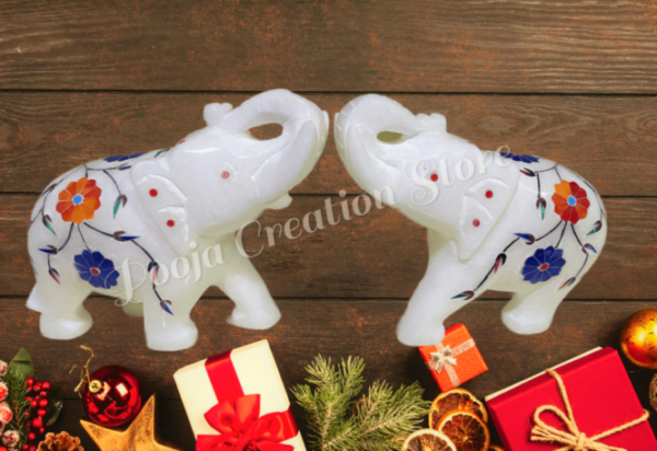 Marble Statue Elegant Elephant pair Gemstone Red Inlay Work Collectible Showpiece Gift Item 4 inch