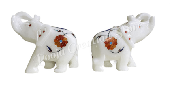 Marble Statue Elegant Elephant pair Gemstone Red Inlay Work Collectible Showpiece Gift Item 3 inch - Image 3