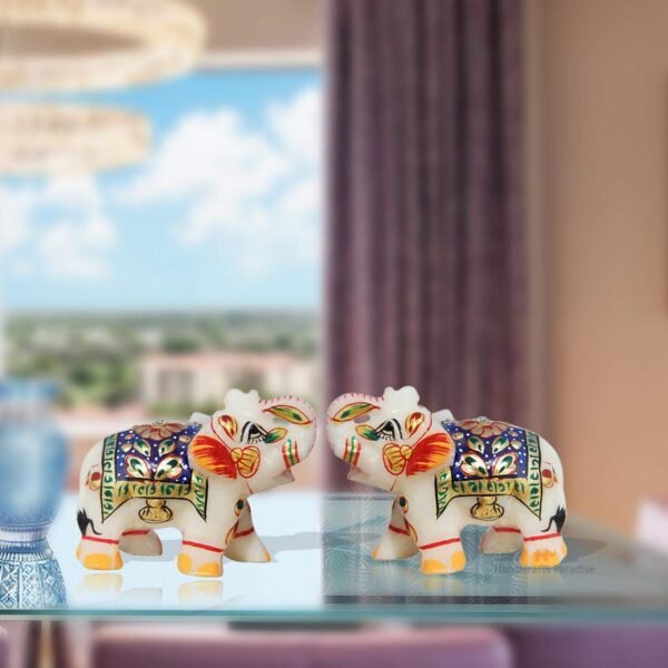 Marble Decorative Elephant Statue for Home Decor Showpiece Elephants Pair with Beautiful Golden Work- 2x3 inch size - Image 4