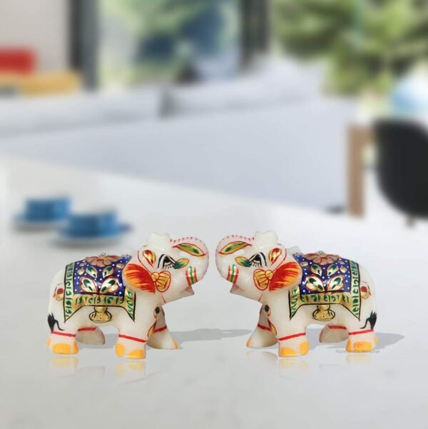 Marble Decorative Elephant Statue for Home Decor Showpiece Elephants Pair with Beautiful Golden Work- 2x3 inch size - Image 5