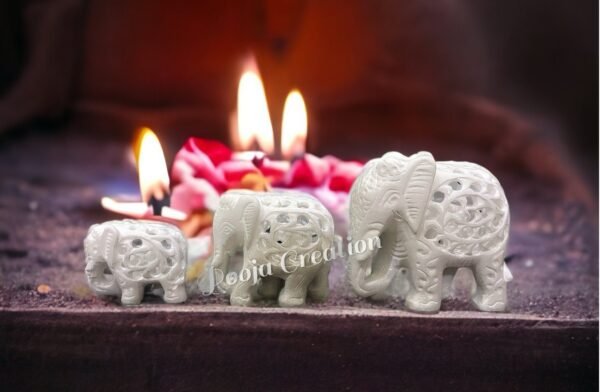 Handicrafts Marble Decorative Elephant Family Statue for Home Decor Showpiece Elephants 3 set  with Beautiful  Work - Image 3