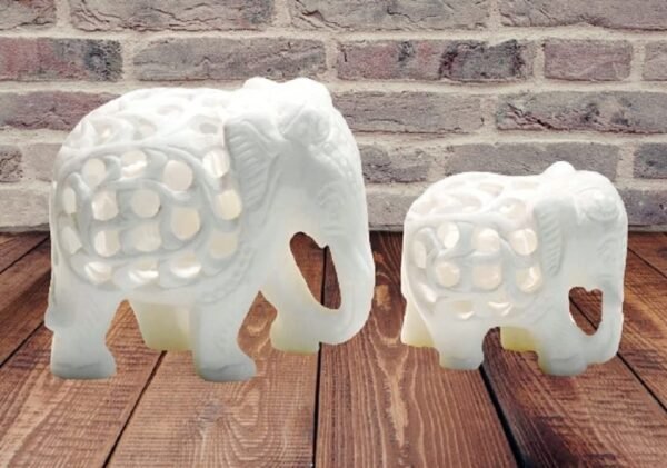 White Marble Decorative Elephant Pair With Undercut Baby Design for decorative and gift purpose item in Below trunk - 3 inch and 2 inch