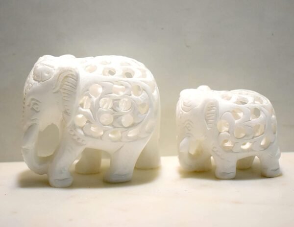 White Marble Decorative Elephant Pair With Undercut Baby Design for decorative and gift purpose item in Below trunk - 3 inch and 2 inch - Image 4