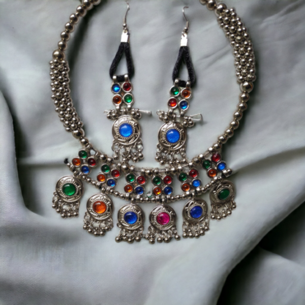 Oxidized Jewelry Antique Banjara Style Multi Mirror Necklace Set - Image 3