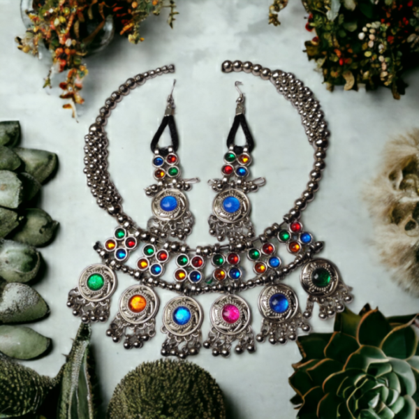 Oxidized Jewelry Antique Banjara Style Multi Mirror Necklace Set - Image 4