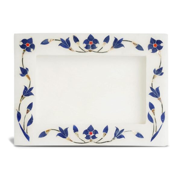 White Marble  Blue inlay Photo Frame - 8 "x6'' inch vertical- Handcrafted with Inlay Work Desk Picture Frame Showpiece for Home Decor, Table Decor and Gifts - Image 3