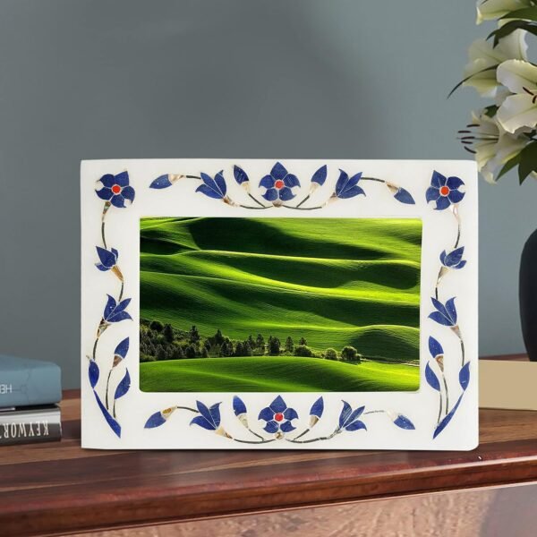 White Marble  Blue inlay Photo Frame - 8 "x6'' inch vertical- Handcrafted with Inlay Work Desk Picture Frame Showpiece for Home Decor, Table Decor and Gifts - Image 2