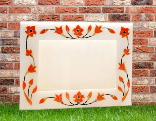 White Marble  multicolor Photo Frame - 8 "x6'' inch - Handcrafted with Red  Good Inlay Work Desk Picture Frame Showpiece for Home Decor, Table Decor and Gifts