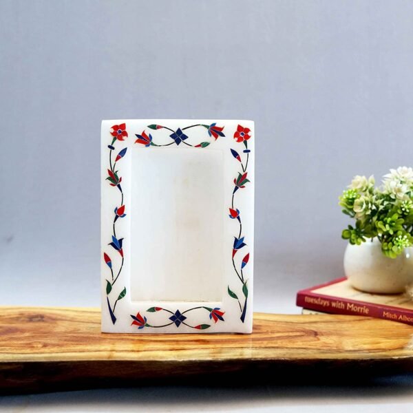White Marble  multicolor Photo Frame - 8 "x6'' inch vertical- Handcrafted with Inlay Work Desk Picture Frame Showpiece for Home Decor, Table Decor and Gifts - Image 5
